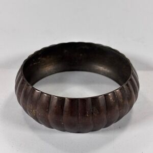 Vintage Copper‎ Tone Metal Ridged Bangle Bracelet Textured Wide 7 1/2" - 8"